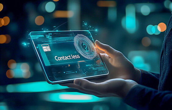 Contactless Payment Technology: A close-up shot of a person's hands holding a tablet with a futuristic, holographic display, showcasing a contactless payment interface in a business setting. - Powered by Adobe