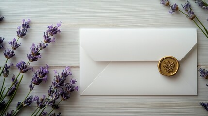 Flat lay of a white envelope with a golden wax seal and sprigs of lavender, symbolizing elegant correspondence 