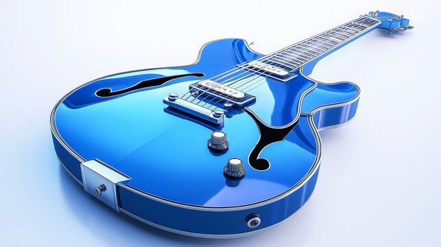 A sleek blue guitar with a glossy finish and six strings, isolated on a clean white background, highlighting its modern design and musical elegance.
 - Powered by Adobe