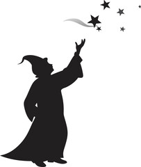 A black silhouette of a girl dancing with a witch and broom, like a wild animal or reindeer, is an isolated vector illustration art