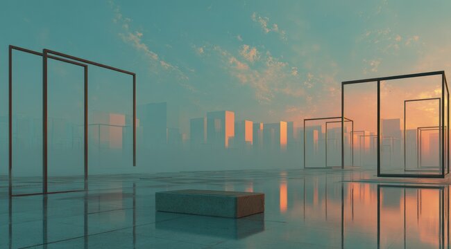 Serene cityscape at dawn, reflected in a still, hazy plaza with minimalist geometric frames.  A muted color palette of teal, orange, and gray dominates the scene