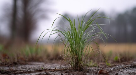 A vibrant green grass clump thrives in a muted, wintry landscape, its slender blades reaching towards a soft, out-of-focus background of trees and a field