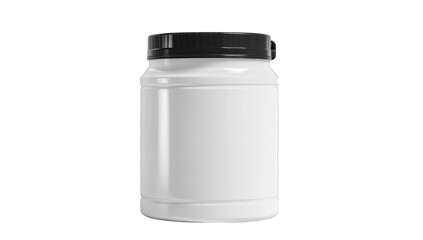 A white plastic jar with a black screw-top lid, ideal for supplements or powders, shown against a black background