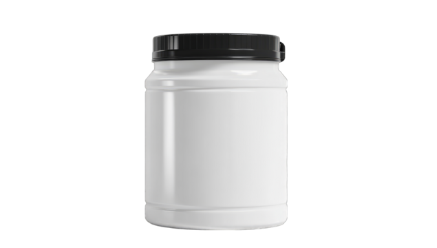A white plastic jar with a black screw-top lid, ideal for supplements or powders, shown against a black background