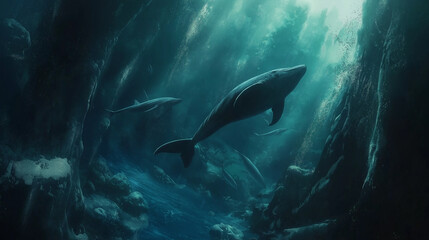 Fototapeta premium A sleek dolphin on a sea background, showcasing its smooth body, curved dorsal fin, and playful expression