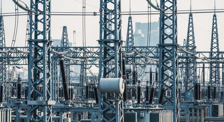 Electrical substation with numerous high voltage power lines and insulators. Industrial power plant and city electrical system for energy distribution.