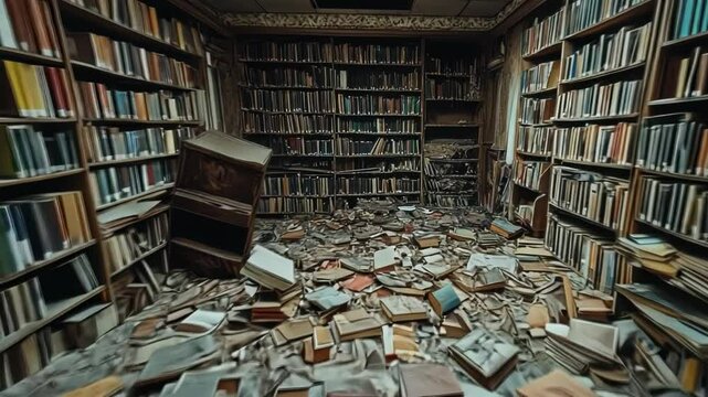 Abandoned library filled with scattered books
