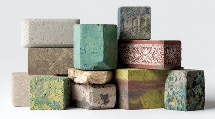 A meticulously arranged stack of diverse, rectangular blocks, each exhibiting unique textures, colors, and patterns, some appearing aged or weathered, against a stark white backdrop