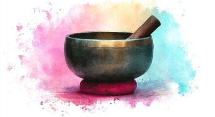 Peaceful singing bowl illustration in watercolor style. High quality