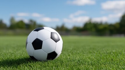 Fototapeta premium Soccer Ball on Grassy Field: A pristine soccer ball, a symbol of passion and competition, rests on a verdant green field, set against a backdrop of a clear, inviting sky.
