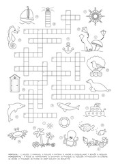 Crossword puzzle. Sea theme. Game and Coloring page. French language. Vector illustration.