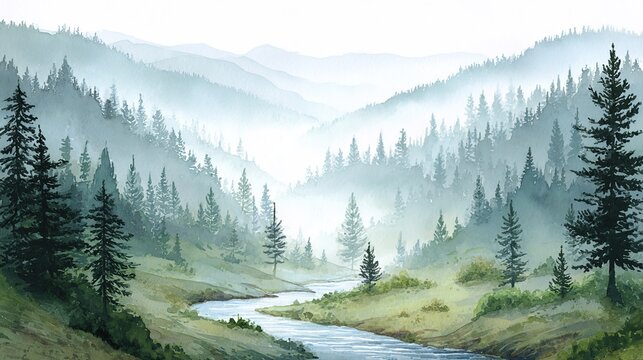Serene watercolor illustration of a misty mountain forest with a meandering river, perfect for Yoga Day, with ample space for text overlay. High quality