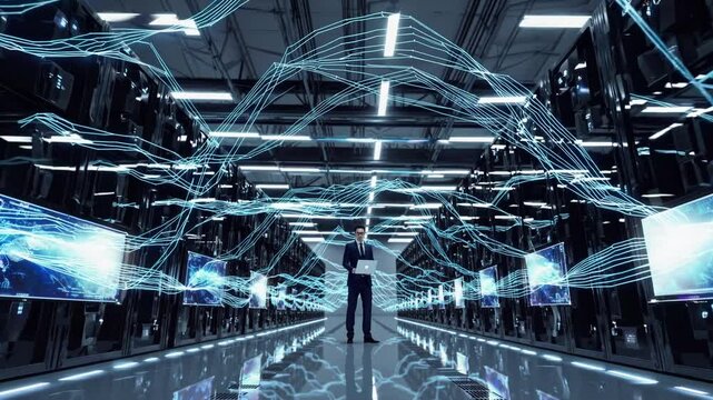 Data professional analyzing futuristic data warehouse environment  