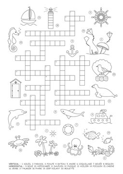 Crossword puzzle. Sea theme. Game and Coloring page. French language. Vector illustration.