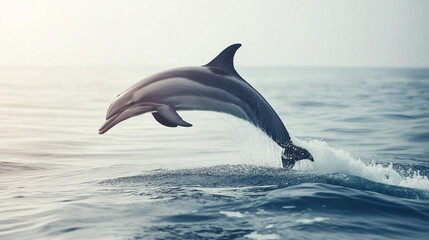 Fototapeta premium A sleek dolphin on a sea background, showcasing its smooth body, curved dorsal fin, and playful expression