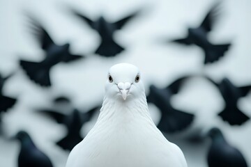 Focused Dove Portrait Against Moody Sky with Crows
