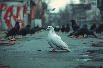 Obraz premium Realistic Cityscape with White Dove and Perched Black Crows