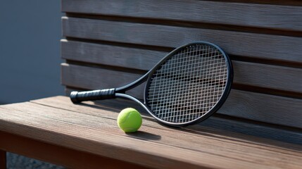 Tennis Equipment Still Life: A classic composition featuring a tennis racket and ball resting on a wooden bench, showcasing a moment of calm amidst the game.
