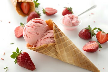 Strawberry ice cream in waffle cone isolated on white background