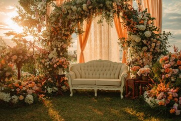 A romantic outdoor wedding setup with a cream sofa centered beneath a floral archway draped with sheer fabric, bathed in sunset light.  Abundant peach, orange, and cream flowers surround it