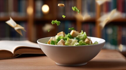 Culinary Chronicle: A fresh Caesar salad takes center stage amidst a backdrop of open books and floating pages in a warm, inviting setting.