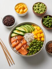 Fresh Salmon Poke Bowl with Vegetables and Mango