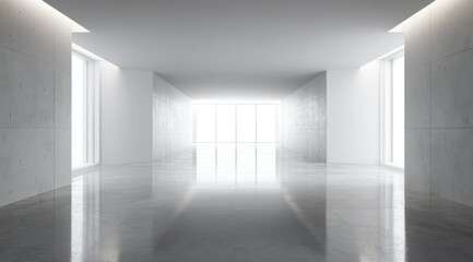 Fototapeta premium A minimalist, bright white hallway with exposed concrete walls, sleek flooring, and large windows at the far end, letting in a soft, bright light. 