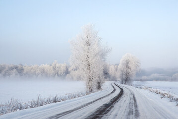 Fototapeta premium A snow-covered country road winds through a frosty forest under a pale blue winter sky, surrounded by ice-coated trees and fields.