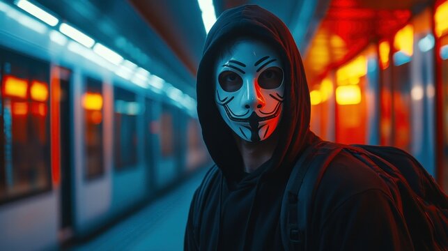Masked figure in neon-lit subway station