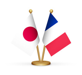 Japan vs France flags mockup 3d illustration. Versus desk flags of Japan and France transparent png