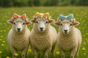 Fototapeta premium Trio of sheep with rose flower crowns and pastel bows
