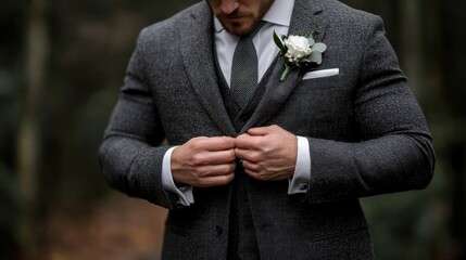 Groom Adjusting His Grey Tweed Three Piece Suit Outdoors Before Wedding