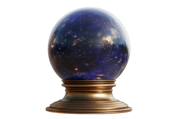 A luminous blue orb, resembling lapis lazuli, sits within a clear glass sphere on an ornate, bronze pedestal