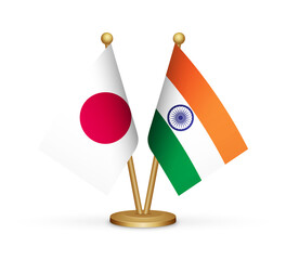 Japan vs India flags mockup 3d illustration. Versus desk flags of Japan and India transparent png