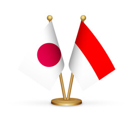 Japan vs Indonesia flags mockup 3d illustration. Versus desk flags of Japan and Indonesia transparent png