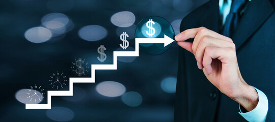 Time is money concept. Clock and dollar on a stairs