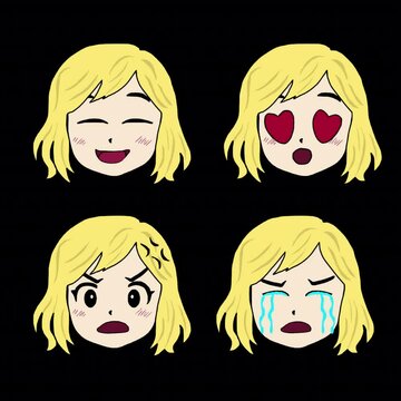 2D Anime Girl Sticker Pack &ndash; 4 Cute Expressions Looping Animation (Love, Wink, Angry, Sad)