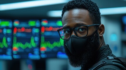 Focused Black Male Analyst Wearing a Face Mask in Front of Stock Market Data Screens