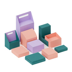 Abstract geometric still life featuring empty boxes and blocks in a pastel color palette