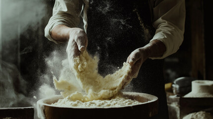 chef preparing paste from A soft pile of white flour spread gently on a table
