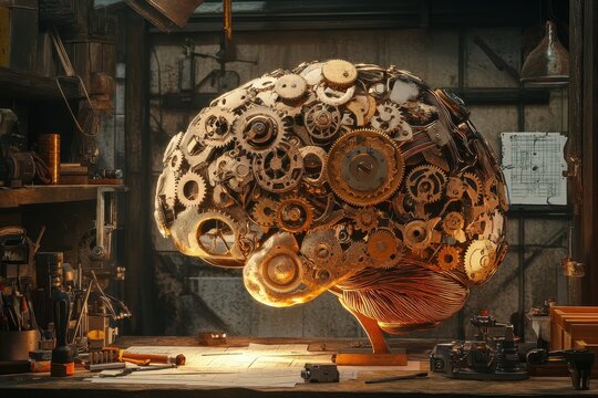A complex steampunk brain sculpture.