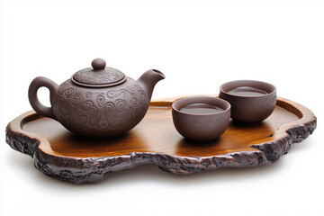 Traditional Chinese tea set with brown ceramic teapot and cups for a hot beverage ceremony