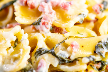 Carbonara pasta. Farfalle with pancetta, egg, parmesan cheese and cream sauce.