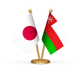Japan vs Oman flags mockup 3d illustration. Versus desk flags of Japan and Oman transparent png