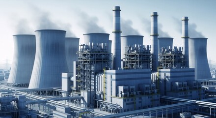 Obraz premium Industrial power plant with large cooling towers and smoke stacks emitting steam. Modern factory for energy production.
