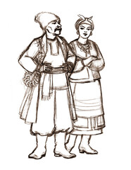 Pencil drawing. People in ukrainian clothing