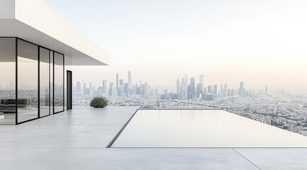 Modern penthouse rooftop with infinity pool overlooking cityscape