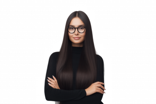 Confident young woman with dark hair and glasses in black top, isolated on transparent background
