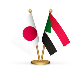 Japan vs Sudan flags mockup 3d illustration. Versus desk flags of Japan and Sudan transparent png