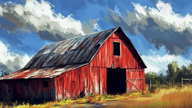 Rustic red barn under a dramatic sky